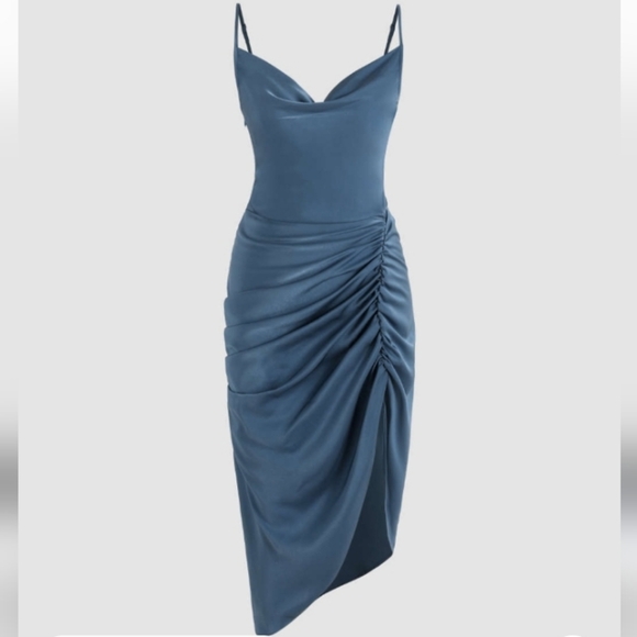 Cider Blue Cowl Neck Ruched Satin Dress, Xl, Nwt - Picture 1 of 9